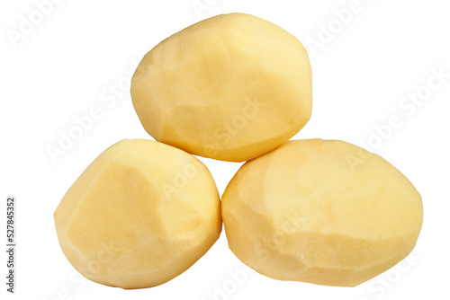 peeled raw potato isolated on white background.