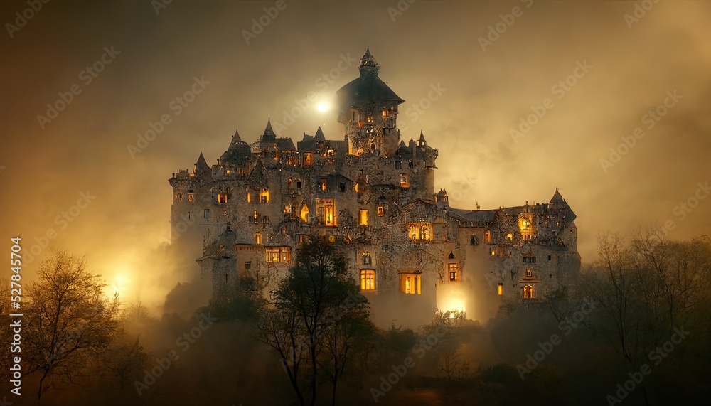 illustration of a castle in the sunset
