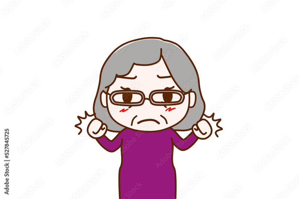 （上半身正面）握りこぶしを作り気合を入れるようにファイティングポーズを作る高齢の女性