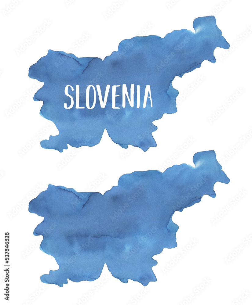Water color drawing of Slovenia Map in two variation: blank one and with text lettering example. Hand painted watercolour sketchy illustration, cut out clip art elements for design, poster, postcard.