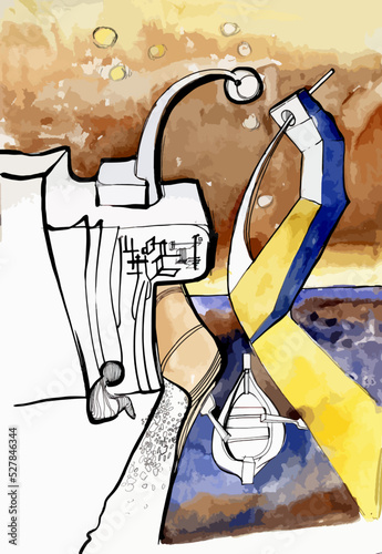 Abstract vertical drawing. Watercolor stylization and hand-drawn graphics. River, man, boat. Esotericism and psychology, emotions.