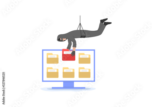 Computer Virus, Cyber Crime And Hacker Attack Concept. Cheater In Face Mask Has Stolen Folder From PC. Criminal Stealing Data And Use Malware. Cartoon Outline Linear Flat Style. Vector Illustration