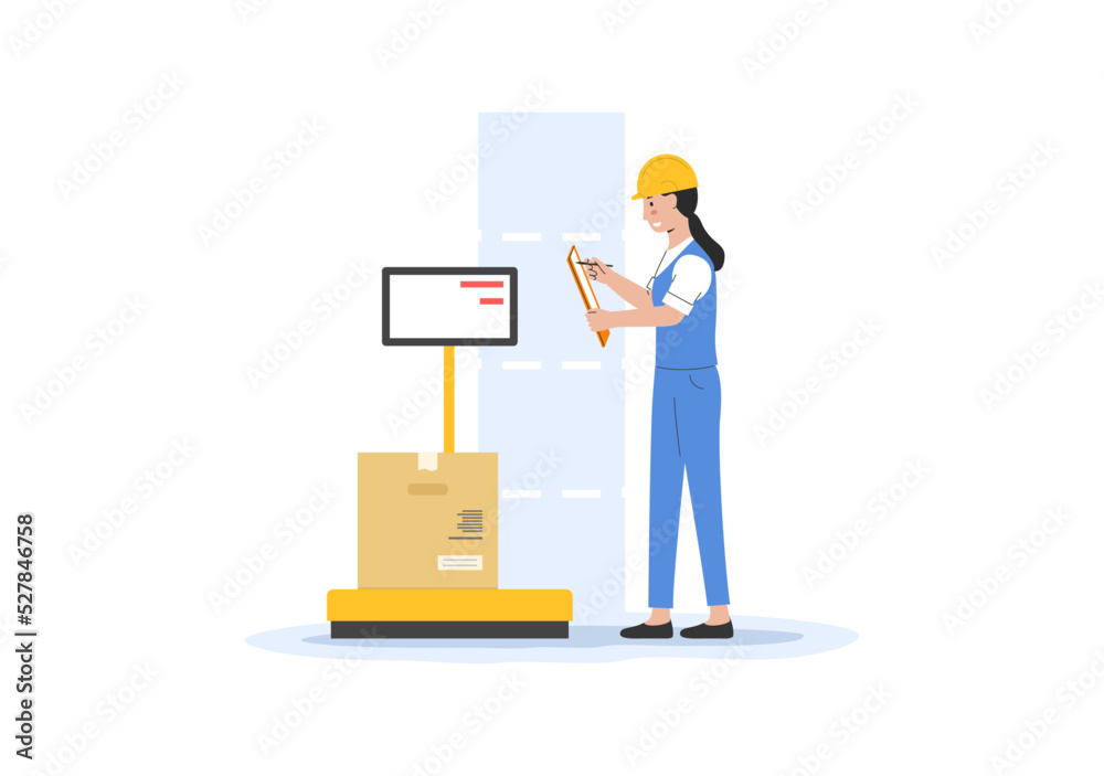 Concept Of Warehouse. Storehouse Cheerful Worker In Uniform Weighs Parcels on Scales In Storehouse And Making Notes. Safety Storage of Goods. Cartoon Linear Outline Flat Style. Vector Illustration