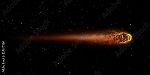 Burning meteorite on black background. Asteroid of iron and magnetite as it passes through Earth's orbit. 3d illustration 2