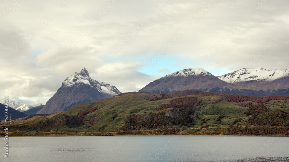 Snow capped Martial Mountains near Ushuaia, Argentina, with the Beagle Channel in the foreground