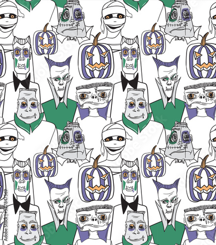 Pattern with Halloween cartoon monsters. Seamless print with characters, zombies vampires and frankensteins.