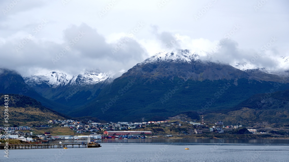 Snow capped Martial Mountains above Ushuaia, Argentina, with the Beagle Channel in the foreground