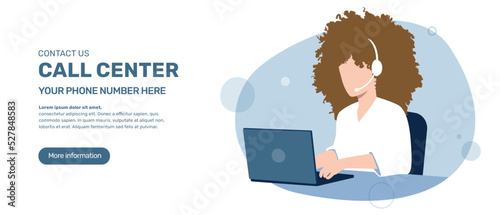 Contact center banner over white background. Business person with laptop. Vector template.
