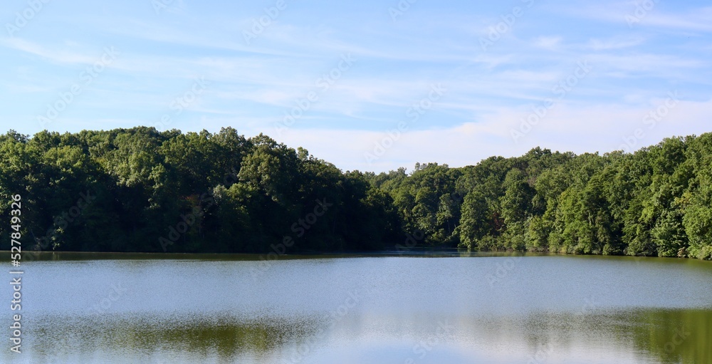 A beautiful view of the lake in the countryside.