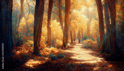 Spectacular autumn countryside with a road path through a dense forest and bright golden sunlight. Forest in shades of orange and teal in the fall. Digital art 3D illustration.