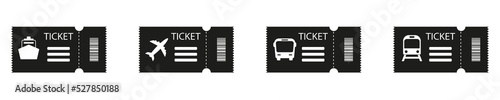 Transport tickets vector icons: plane, train, ship, bus. Icons isolated on white background. Vector illustration eps10