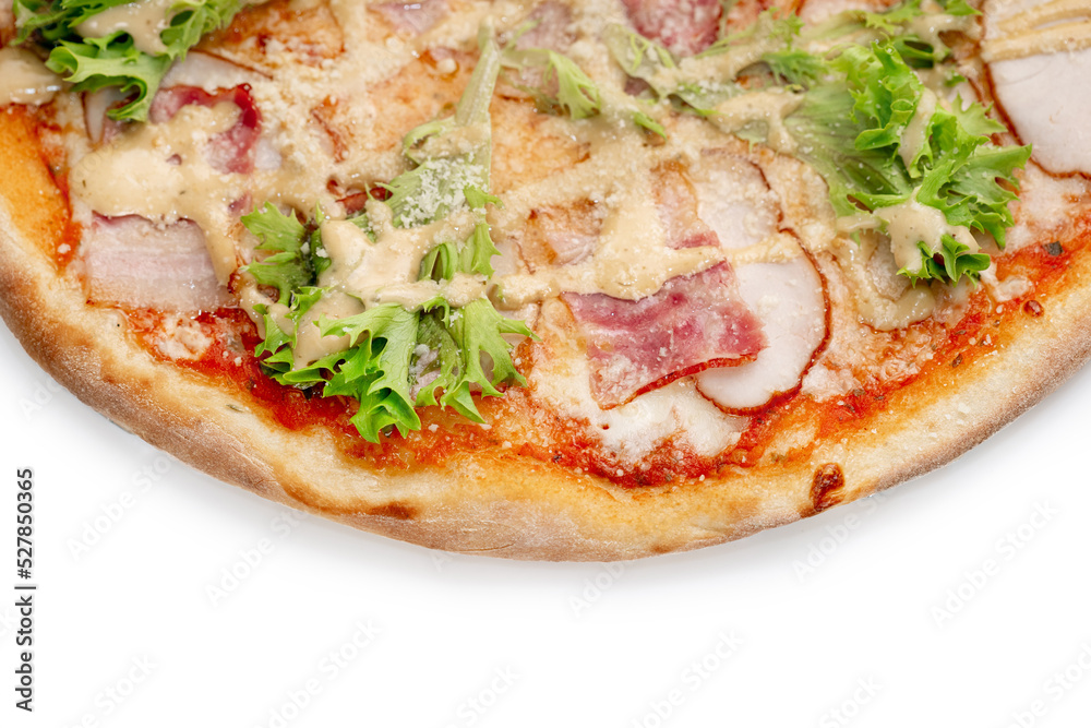Pizza Close Up with ham, bacon, green salad and cheese isolated on white background. Copyspace. Top view.