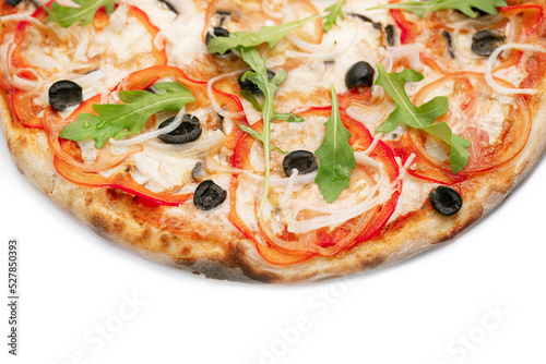 Pizza Close Up with sweet red pepper, olives, mushrooms and cheese isolated on white background. Copyspace. Top view