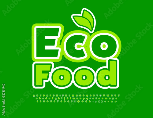 Vector Green emblem Eco Food. Creative 3D Font. Trendy Alphabet Letters and Numbers set