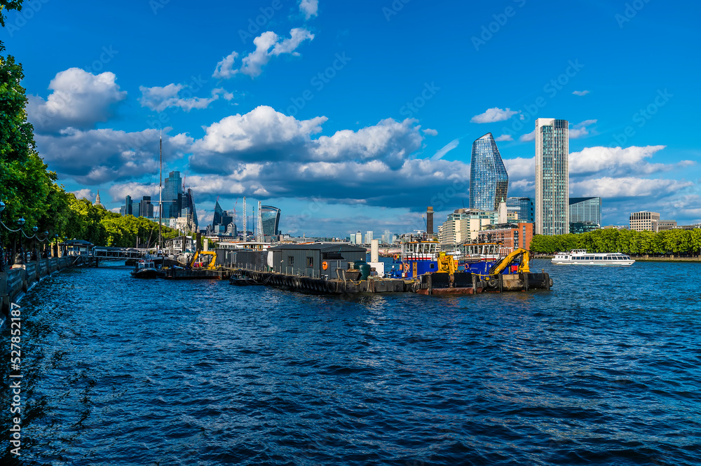A view from the Embankment towards Waterloo Bridge in London, UK on a summers evening