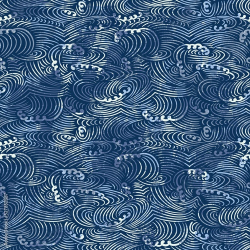 Traditional Japanese blue waves fabric grunge vector seamless pattern