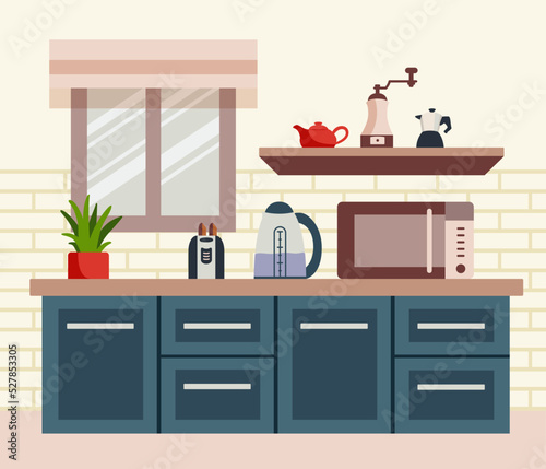 kitchen interior with window. Working surface for cooking with microwave, electric kettle, toaster.	
