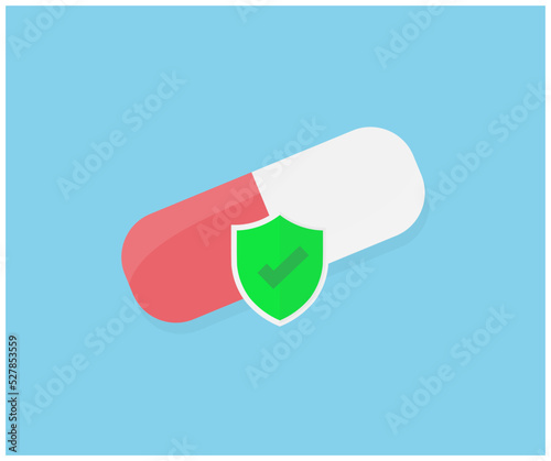 Pharmaceutical pill on blue background, medicine, safety, health protection logo design. Medicament painkillers, antibiotics, vitamins, mineral, bio active additives vector design and illustration.