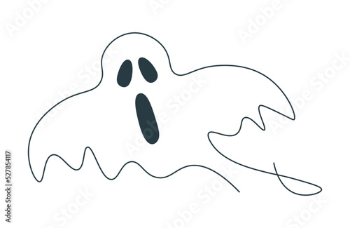 Ghost in single line. Drawing for Halloween with one continuous line. Flying creepy monster simple linear illustration. Silhouette of ghost on white isolated background.