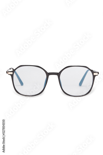 Close-up shot of computer glasses with a black plastic frame. Square computer glasses are isolated on a white background. Front view.