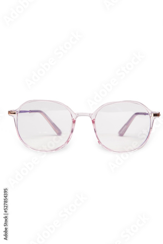 Close-up shot of computer glasses with a purple plastic frame. Square computer glasses are isolated on a white background. Front view.