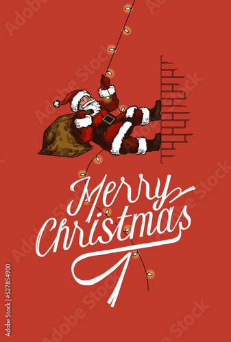 Santa Claus climbing Christmas lights on a brick wall. Merry Christmas vintage card.