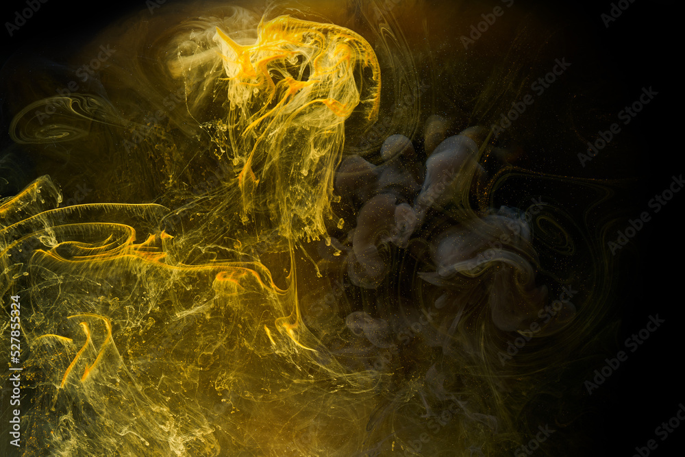 Fototapeta premium Liquid fluid art abstract background. Black, yellow dancing acrylic paints underwater, space smoke ocean