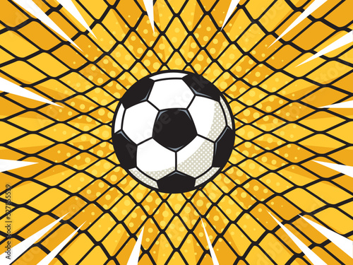 soccer football ball in goal net pop art retro vector illustration. Comic book style imitation.