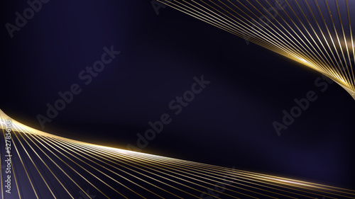Abstract template golden lines pattern decoration with gold glitter and lighting effect on dark blue background luxury style