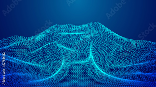 Abstract 3D cyber technology futuristic wireframe terrain grid landscape blue background
