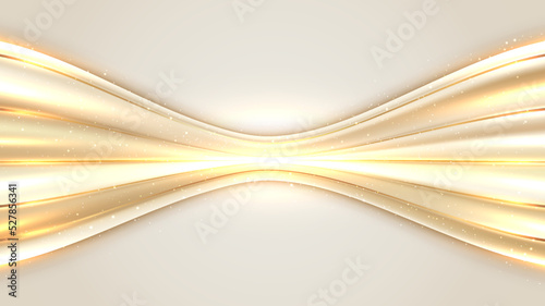 Abstract luxury 3D golden wave lines with lighting effect decoration elements on cream background