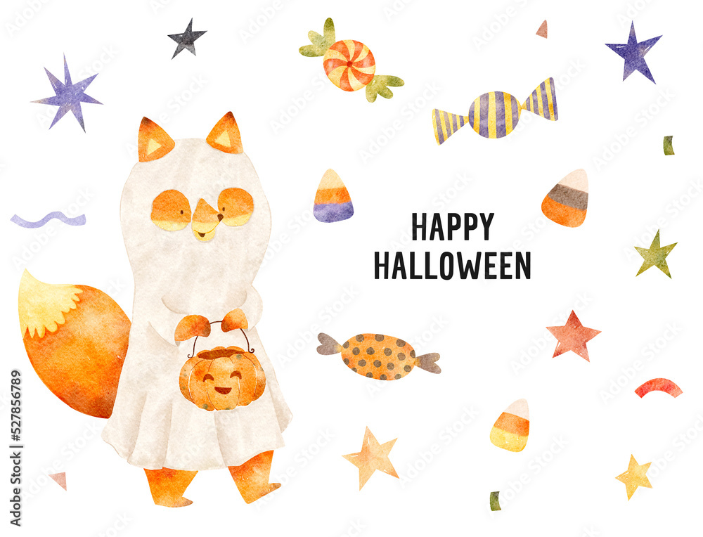 Halloween hand-drawn animal characters. Fox illustration. Ghost Halloween party. Pumpkins harvest graphics. Halloween holiday monsters isolated. Little cute baby animals. Masquerade party
