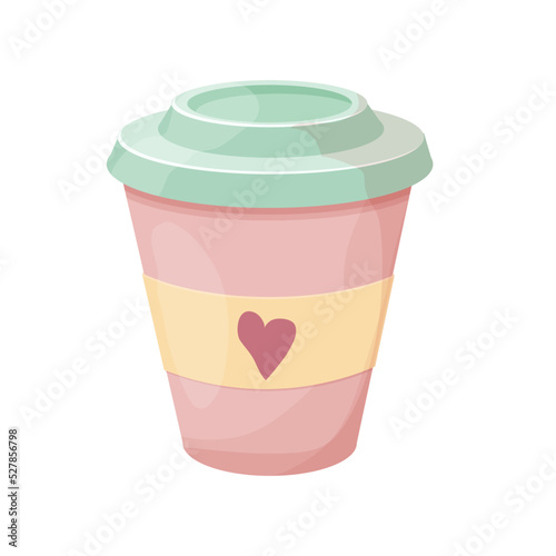 Coffee pink paper cup takeaway decoration with heart hot beverage in cartoon style isolated on white background. Funny icon, design element.