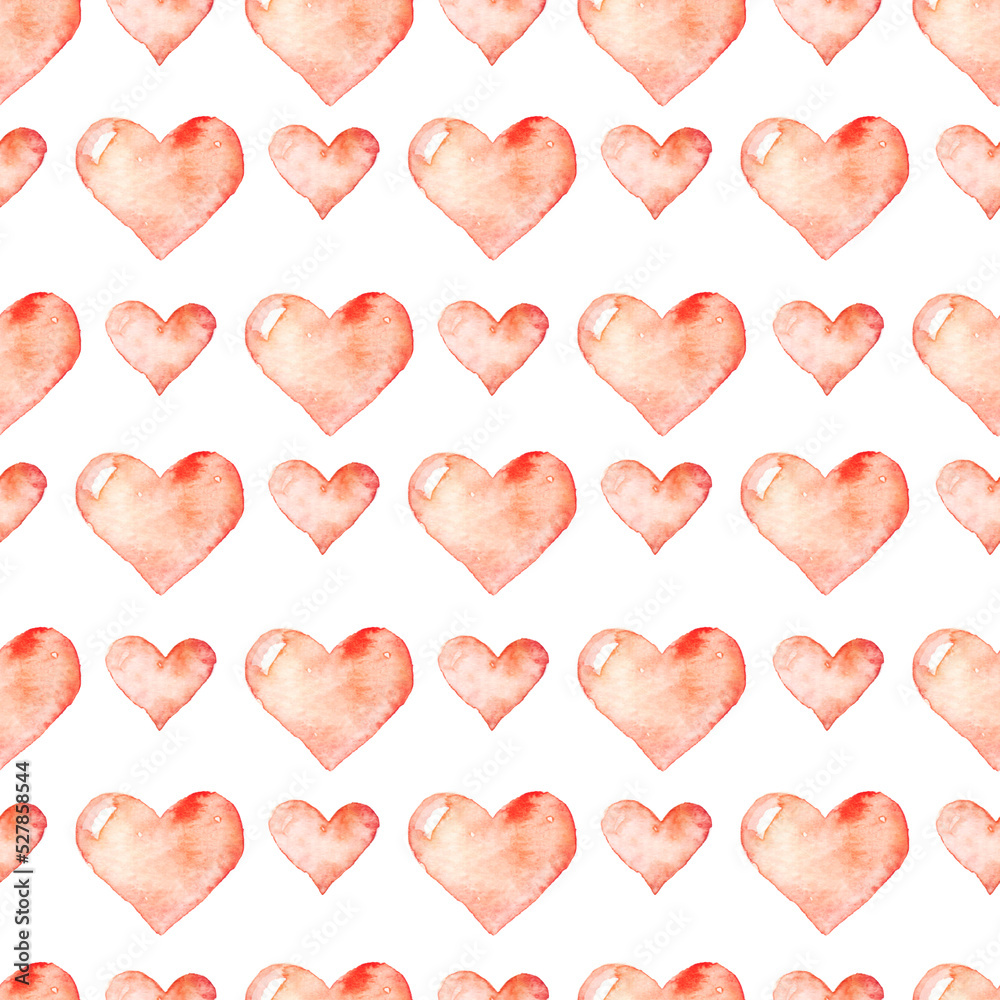 Hand-drawn pink watercolor heart pattern. Painted romantic love illustration background.