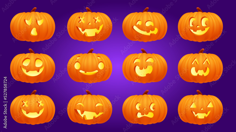 Collection of Halloween cute pumpkins with carved faces silhouettes. Orange yellow 3d glowing emotions. Template with variety of eyes, mouths and noses for cut out jack o lantern. Vector illustration Collection of Halloween cute pumpkins with carved faces silhouettes. Orange yellow 3d glowing emotions. Template with variety of eyes, mouths and noses for cut out jack o lantern. Vector illustration