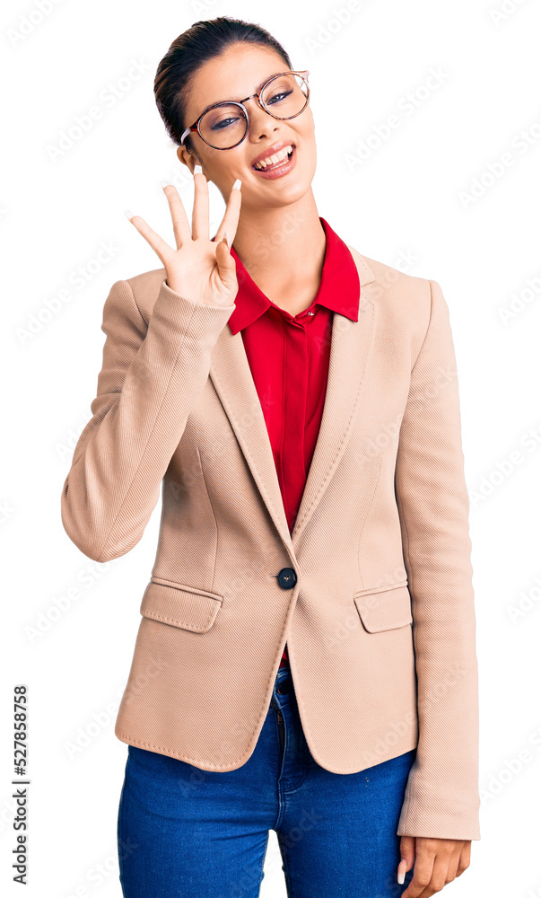 Young beautiful woman wearing business shirt and glasses showing and pointing up with fingers number four while smiling confident and happy.