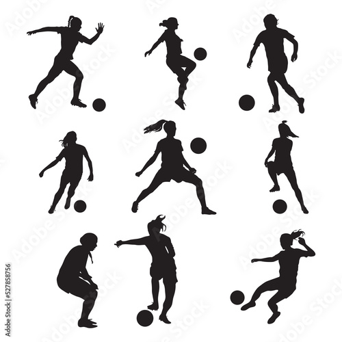 Women soccer player silhouette, Girl player vector, Female soccer football.