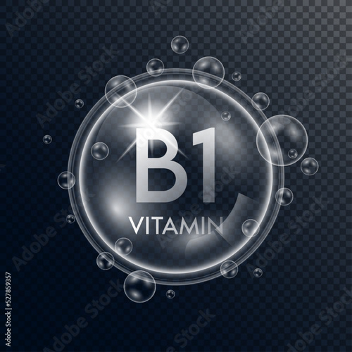 Vitamin B1 collagen in the form of a bubbles transparent with white drops water surround. Isolated 3D Vector. Used for advertising cosmetic products.