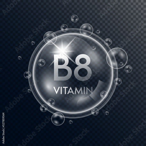 Vitamin B8 collagen in the form of a bubbles transparent with white drops water surround. Isolated 3D Vector. Used for advertising cosmetic products.