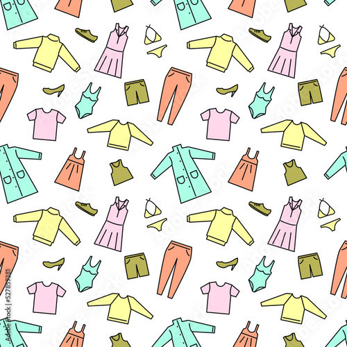 Seamless pattern with clothes. Vector color illustration on the white background in outline style. 