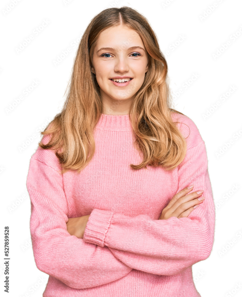 Beautiful young caucasian girl wearing casual winter sweater happy face smiling with crossed arms looking at the camera. positive person. Beautiful young caucasian girl wearing casual winter sweater happy face smiling with crossed arms looking at the camera. positive person.