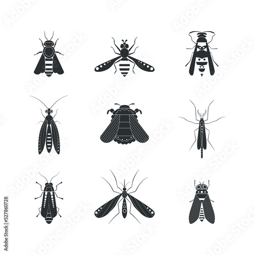 Geometric silhouette insect flat vector illustrations set. Wasp, dragonfly, bee, mosquito, fly, lacewings, firefly, bumblebee. Icons with several insects