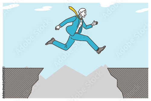 Vector illustration of a male businessman in a suit jumping over a cliff.