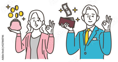 Vector illustration of a young couple happy to have money in their wallets.