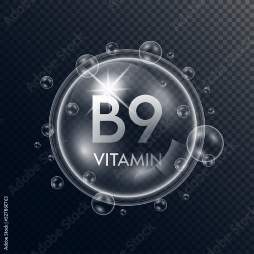 Vitamin B9 collagen in the form of a bubbles transparent with white drops water surround. Isolated 3D Vector. Used for advertising cosmetic products.
