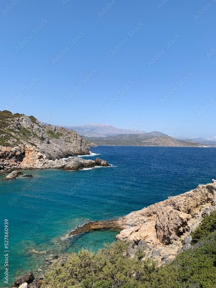 View of Mirabello bay, Crete, Greece. Turquoise waters of mediterranean sea with cliffs. High quality photo