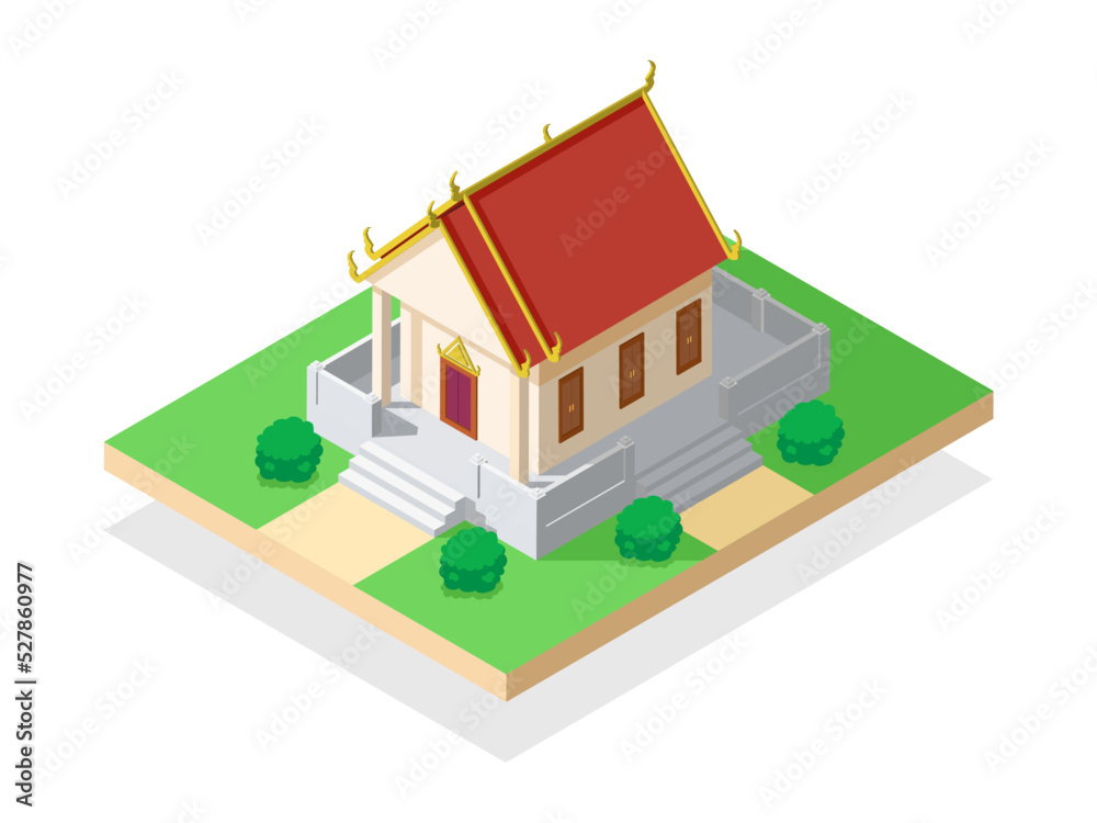 Thai temple isometric on white background. Place of worship of Asian Buddhists. Vector illustration flat design.