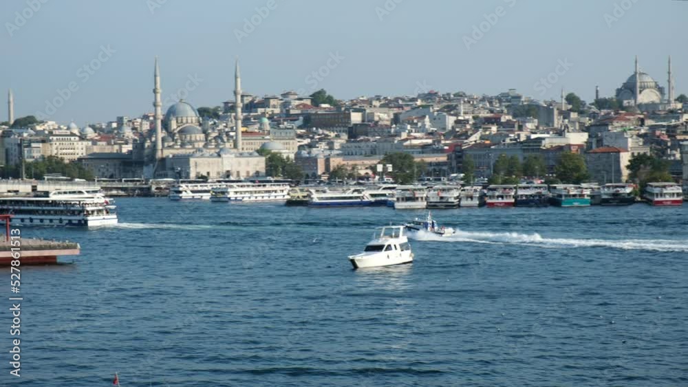 Turkish Police Boat is Going Fast at The Golden Horn and Eminonu Istanbul View Turkish Police Boat is Going Fast at The Golden Horn and Eminonu Istanbul View