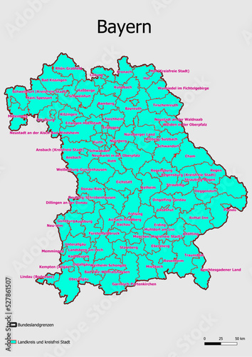 Karte Administrative Gliederung Bundesland Bayern Landkreis und kreisfrei Stadt