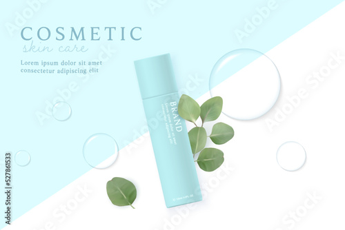 Cosmetics and skin care product ads template on white, blue background with water drop and leaves.